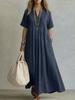 Maxi Abito in Cotone e Lino con Scollo a V e Maniche Corte per un Look Casual Estivo