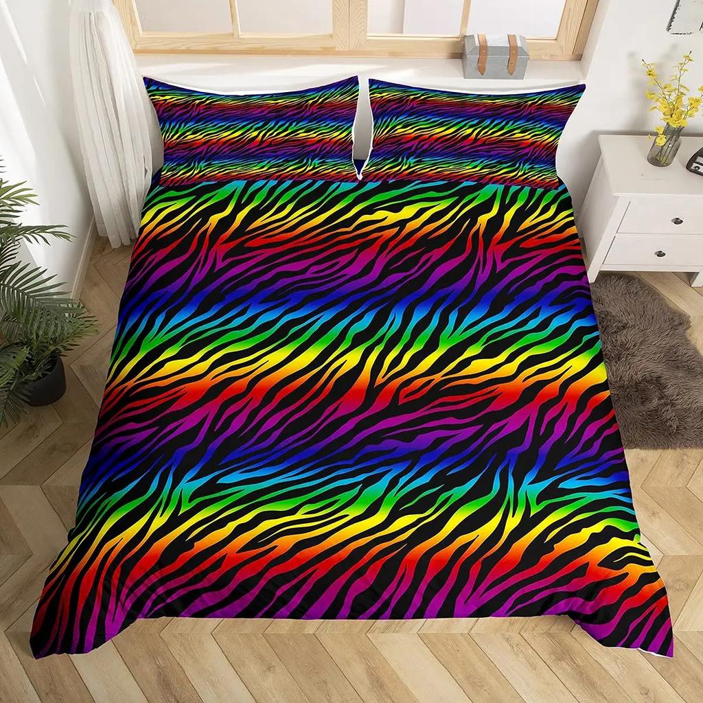 Colorful Zebra Print Duvet Cover For Kids Girls Teens Beautiful Colorful Animals Theme Bedding Graphic Graffiti Art Decorative