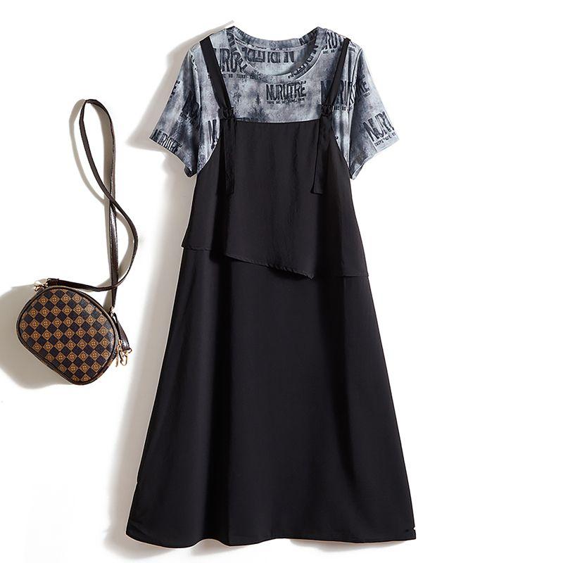 

Fashion Street Girlish Style Fake Two-Piece Skirt! Female Strap Asymmetrical Satin Viscose Linen Contrasting-Color Dress Summer Black 4XL