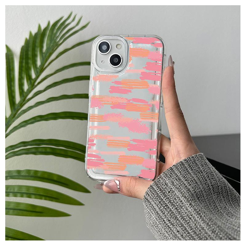 The new pink graffiti iPhone15 mobile phone case is suitable for Apple 14promax transparent shock absorption 13 soft case, anti-drop.