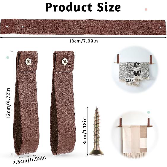 2 Pcs PU Leather Wall Hooks, 1 x 4.7 Inches Leather Wall Hanging Strap Leather Hook Lanyard Wall Mounted Loop for Hanging Curtain Rod Holders Towel