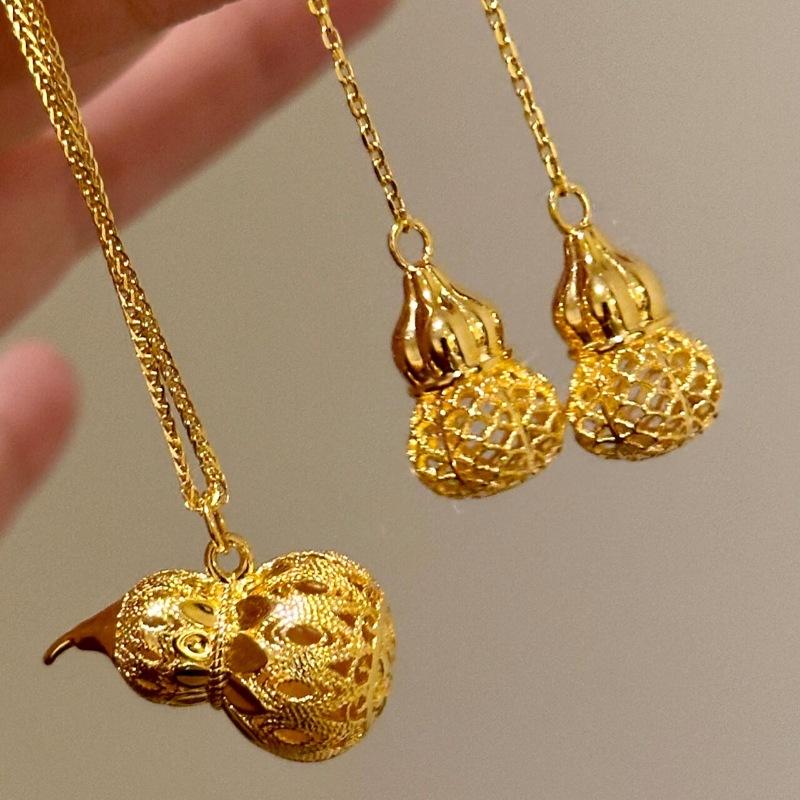 Light Luxury Glossy Retro Hollow Gourd Necklace Earrings For Women Antique Gold Crafts High Quality Collar Chain Jewelry Sets