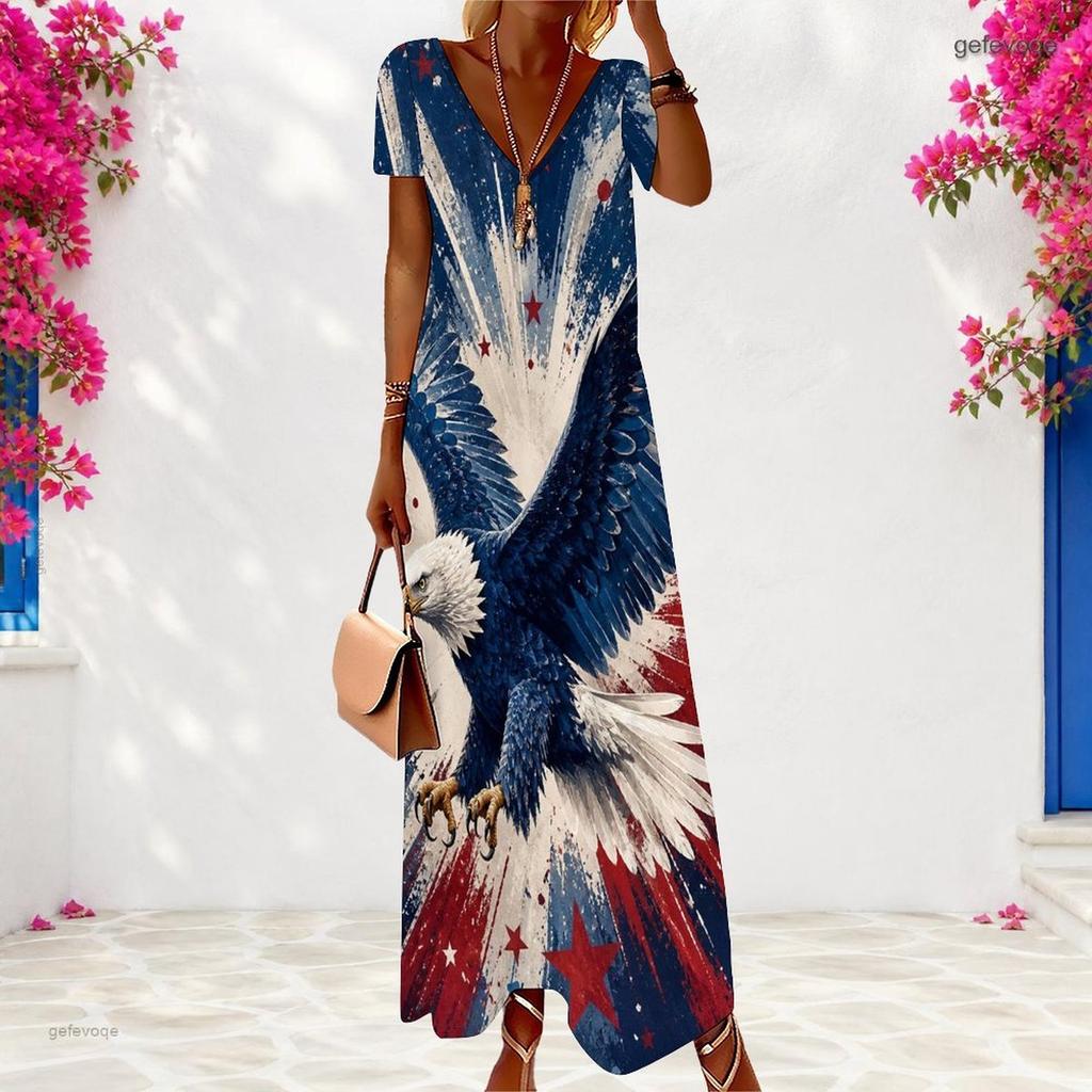 Women Plus Size V Neck Short Sleeve Firework Printed Navy Blue Long Dress