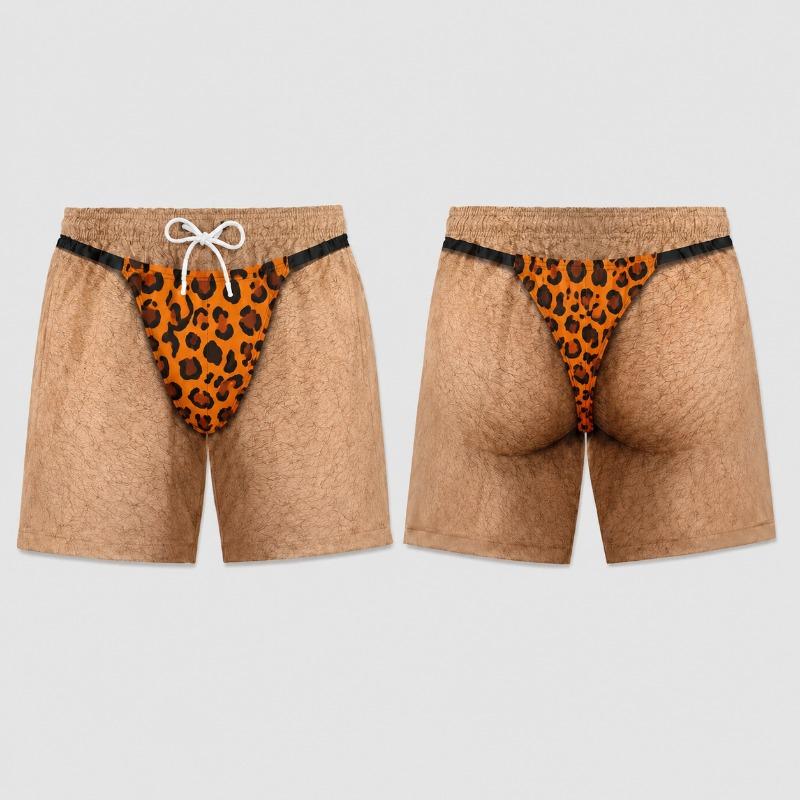 Funny Men's Swimsuit Leopard Thong Illusion Swim Trunks Hairy Body Novelty Board Shorts Quick Dry Beach Shorts Funny Summer