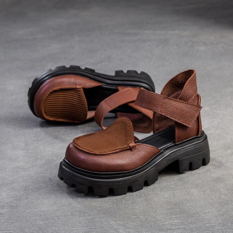 Johnature Sandali retrò con suola spessa Scarpe da donna versatili con chiusura a strappo in vera pelle