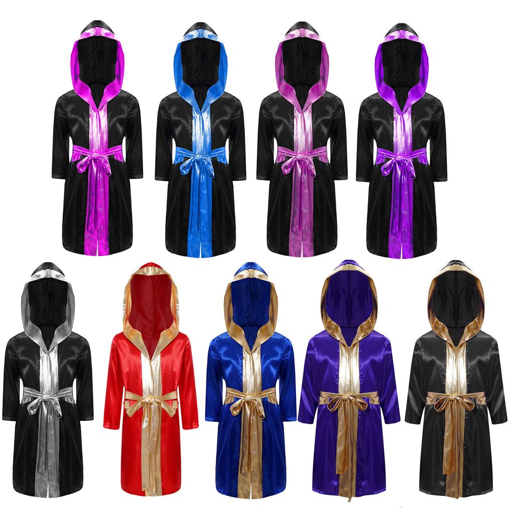 Kids Boys Boxing Robe Thai Kickboxing Costume Long Sleeve Open Front Hoodie Cloak with Belt Workout Sports Fitness Joggers
