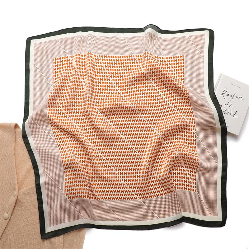 Letter H Foreign Style Silk Scarf Internet Celebrity Live Broadcast Popular Square Scarf Simple Versatile Scarf Simulation Silk Square Scarf 71cm Head