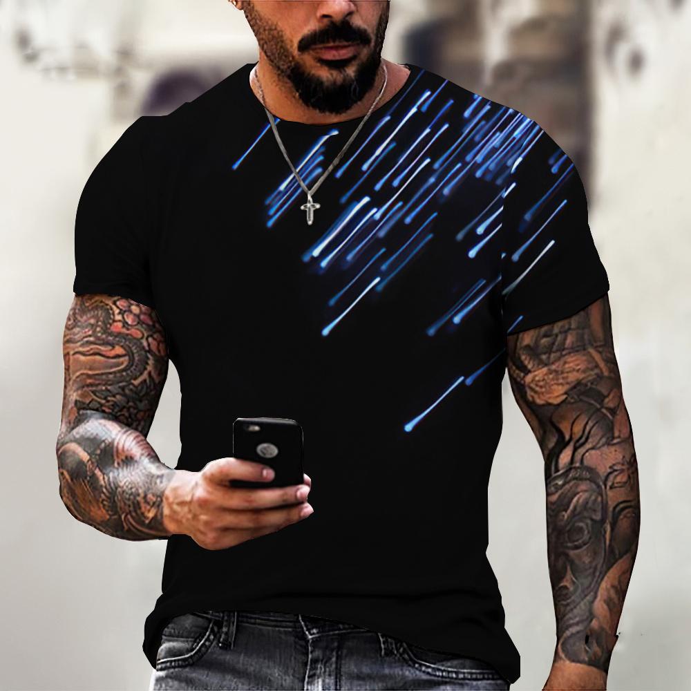 Summer Round Neck Abstract Brush Stroke 3D Print Top Fashionable Casual Short Sleeved Men's T-shirts