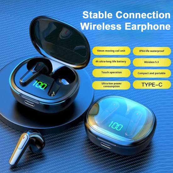 

Наушники-вкладыши с поддержкой Bluetooth и чехлом для беспроводной зарядки. Цифровой дисплей. Сенсорное управление. Водонепроницаемые беспроводные наушники со стереозвуком.