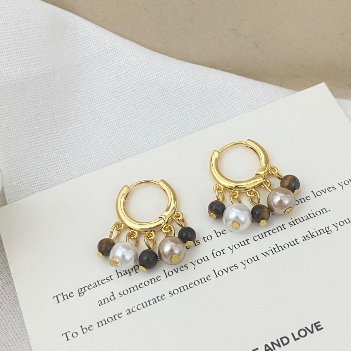French Tiger s Eye Pearl Retro Earrings: Niche Design, Exquisite Clips