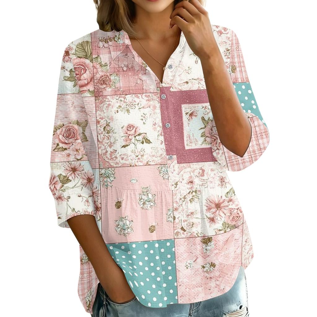 Women's Button Front Patchwork Floral Print Shirt Three Quarter Sleeve Loose Fit Blouse with Collar and V Neckline