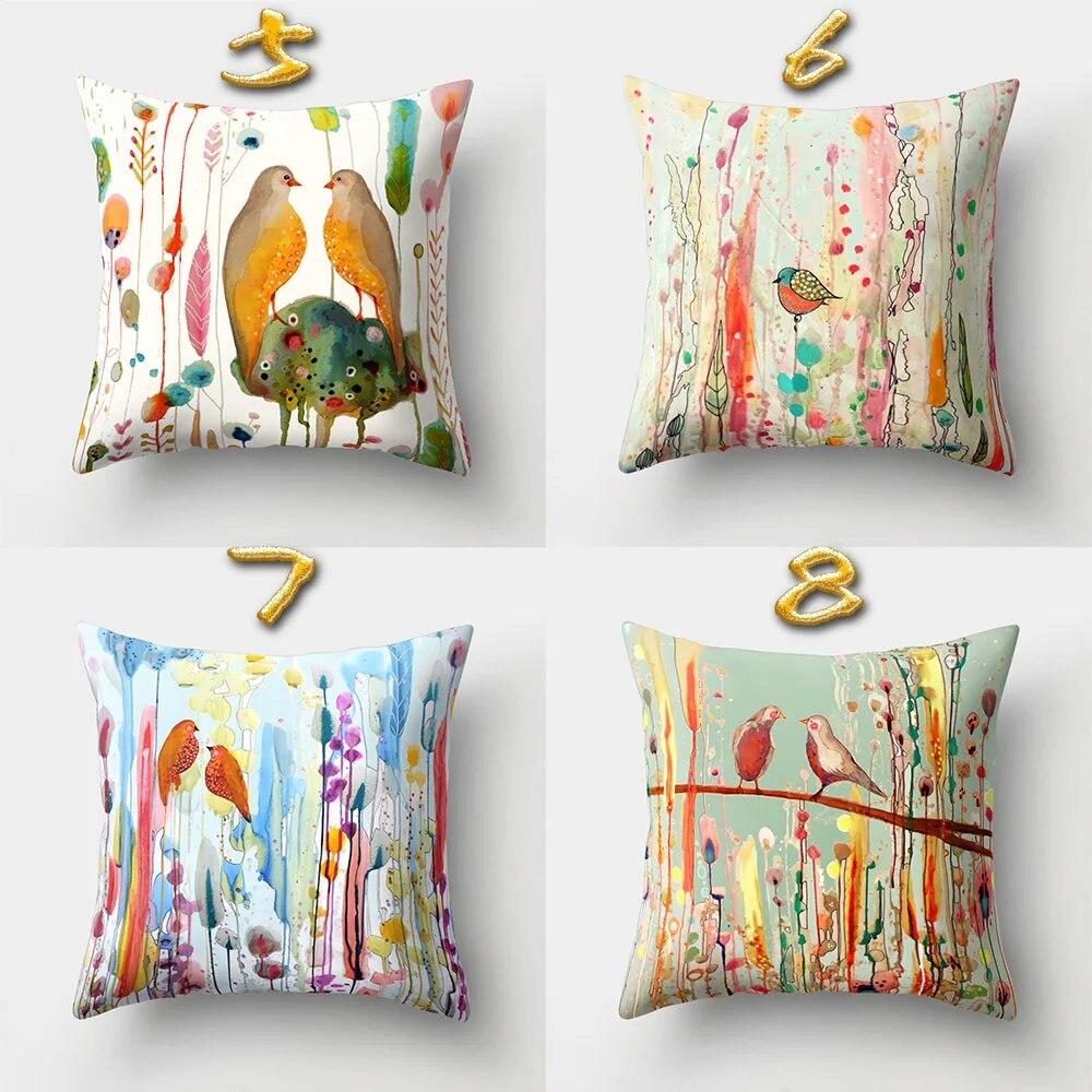 45x45cm Vintage Flower Pillow Case Decor Blue Painting Flower Bird Pillowcase Polyester Cushion Cover for Sofa Car Home