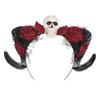 Gothic Ram Horns Headband with Red Rose - Halloween Demon Costume Accessory