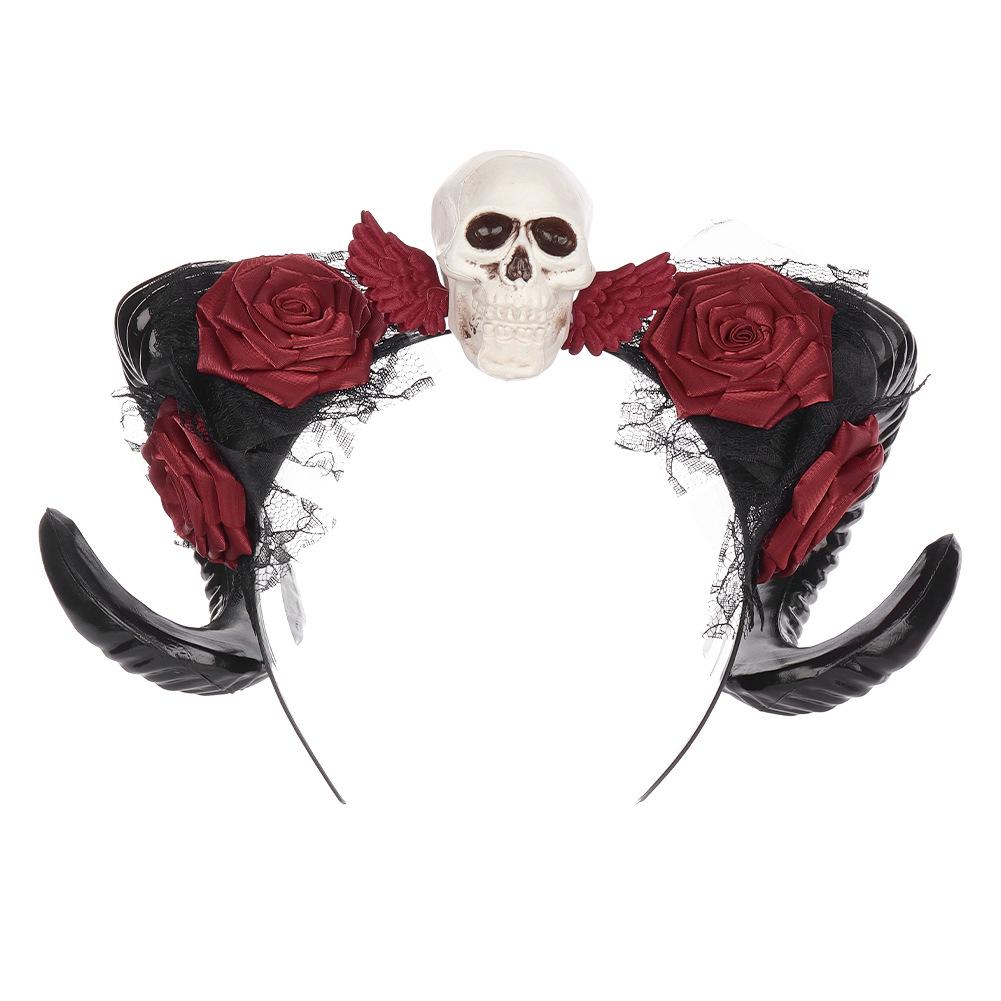 Gothic Ram Horns Headband with Red Rose - Halloween Demon Costume Accessory