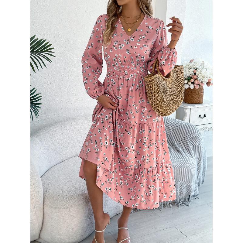 Spring Autumn Casual Woman Dress V Neck Long Sleeve Lotus Leaf Edge Floral Print Long Dress Elegant Women Clothing