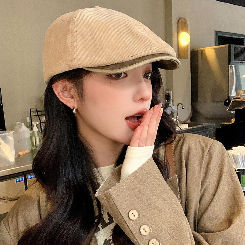 Cordhut Damen Amerikanisch Retro All-Match Verkehrt Tragen Vordergrundhut Großer Kopfumfang Zeigt Gesicht Klein Baskenmütze