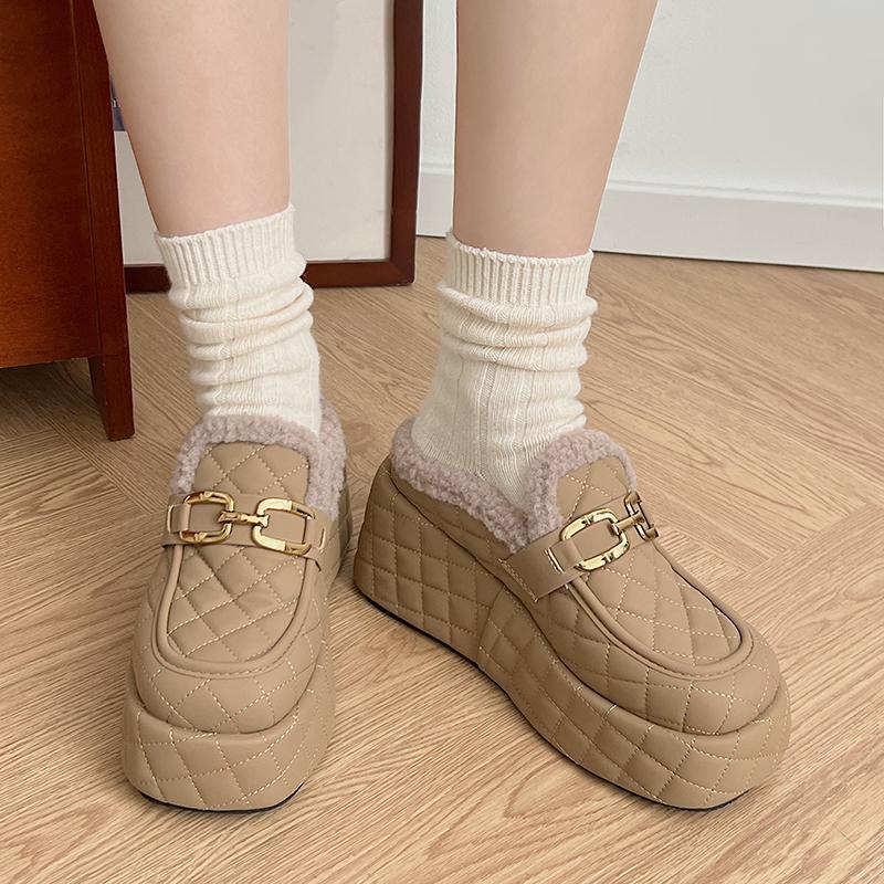 Fashion Aphixta 8cm Platform Metal Buckle Design Slippers Women Wedge Slides Women Shoes Checkered Furry Slides Slip On Winter Shoes