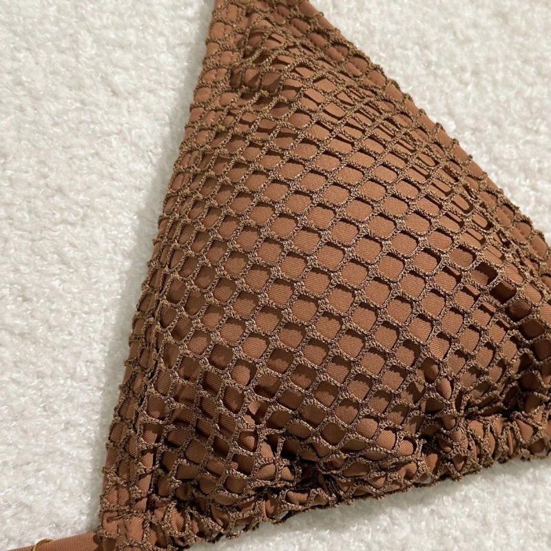Brown Fishnet 3 Piece Bikini Set with Seashell Decor & Cover Up Skirt