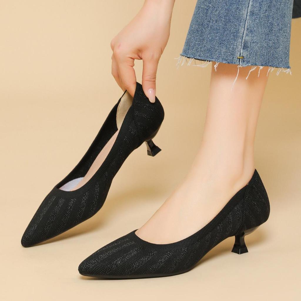 Pointed Toe Shallow Mouth Fabric Flat Bottom Women's Solid Knitted Soft Bottom Large Shoes Size 34-43