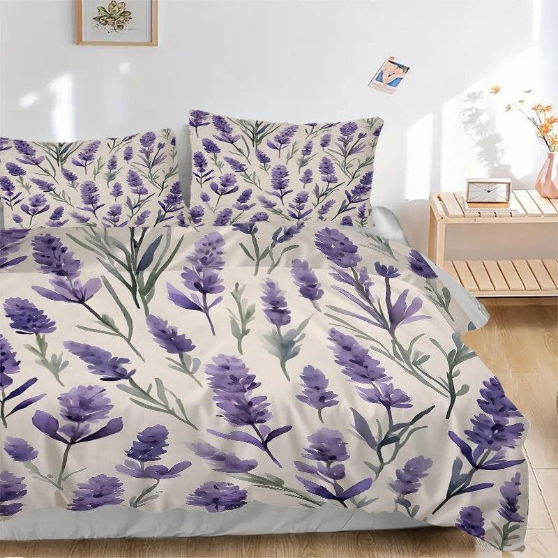 3pcs Lavender Flowers Quilt Set Cartoon Themed Bed Quilt Set Lovely Character Bedroom Decor Bed Quilt Set Four Seasons (1 Cover + 2Pillowcase NO