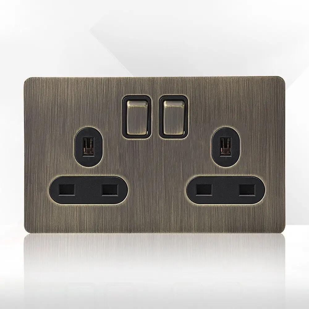 Retro Eu Metal Panel Wall Toggle Light Switch Socket,Bronzed Antique Stainless Steel German 16A Socket with USB Phone Charging