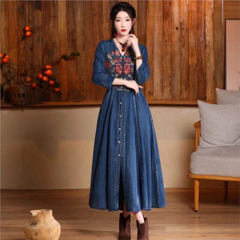 Johnature Woman Spring Pocket Cotton Single Breasted Long Sleeves Dress V-Neck Embroidery Solid Color A-Line Dress