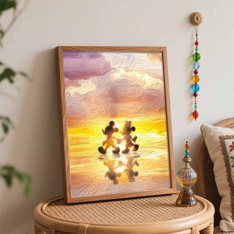 Disney Oil Painting DIY Digital Painting Mickey and Minnie Sunset Silhouette HandPainted Wall Art for Living Room Entryway.