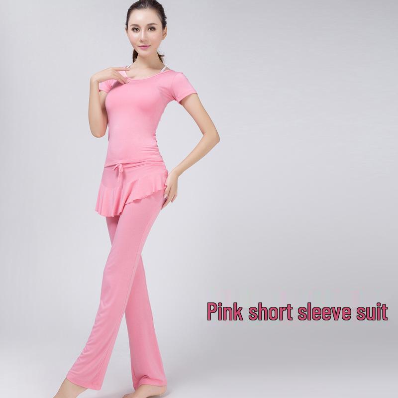 Women's Modal Yoga Set: Short Sleeve Top & Ruffle Hem Skirt with Chest Pad.