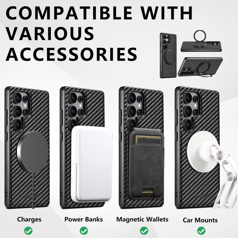 Per Samsung S25 Ultra Custodia in Pelle Fibra di Carbonio Ricarica Wireless Per Galaxy S24 Plus S23 Staffa Rotante a 360° Copertura Magnetica