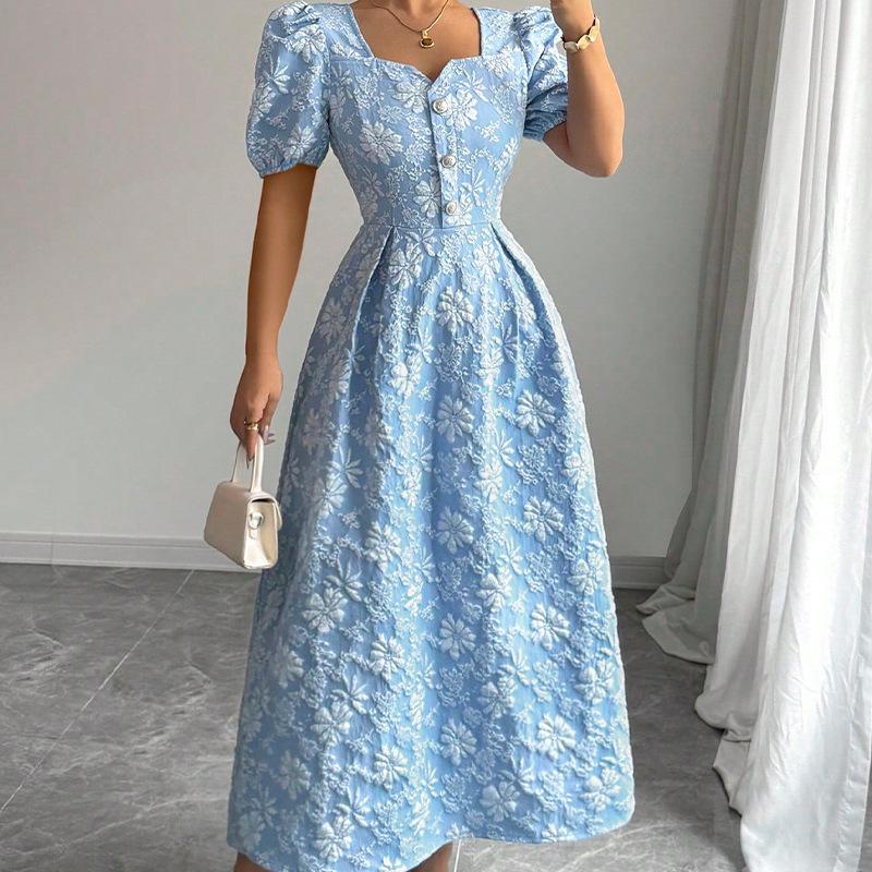 Women's Square Neck Floral Print Puff Sleeve Button Front Midi Dress
