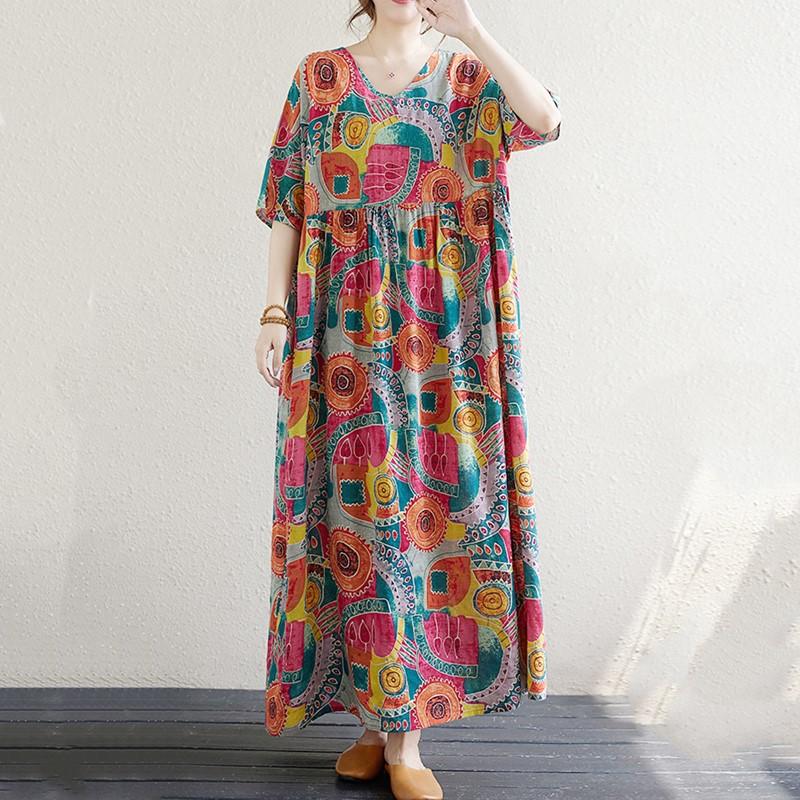 Manga curta plus size vintage floral novo em vestidos para mulheres casual solto longo vestido de verão