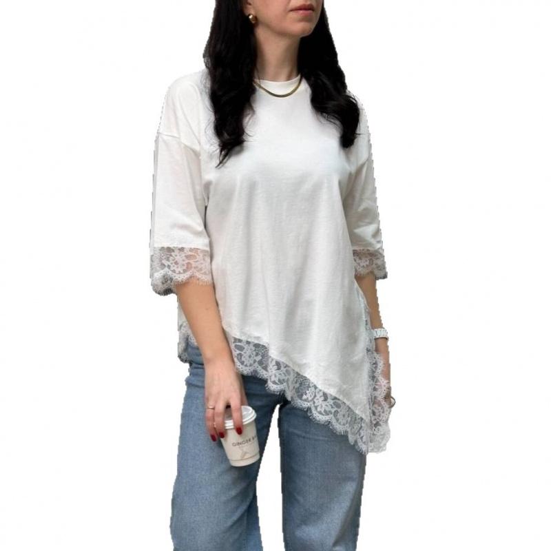 Women's 2026 New Fashion Casual Round Neck Lace Patchwork Solid Color Loose Short Sleeve T-Shirt
