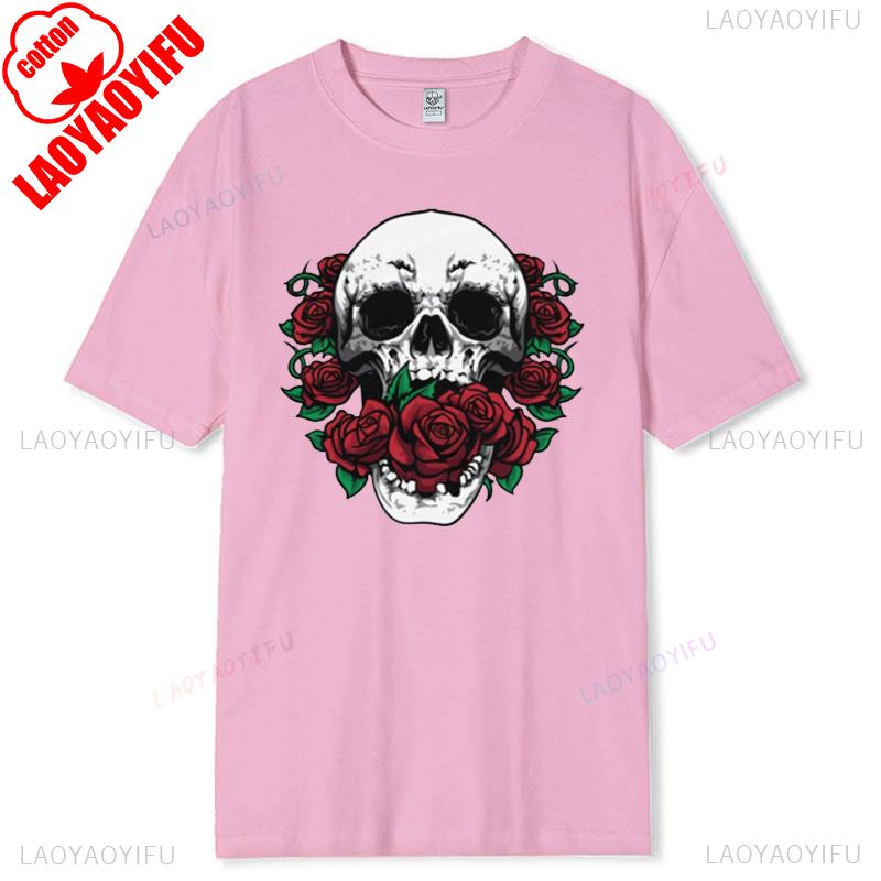Skull and Red Roses Skeleton Gothic Hipster Novelty ShortSleeve Unisex TShirt Skeleton and Flower Pattern Cotton Casual Shirt