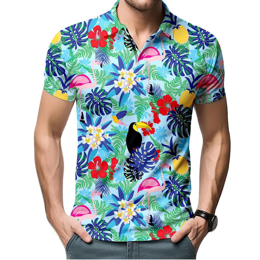 Tropical Bird & Leaf Print Short Sleeve Polo, Stylish Casual Summer Top
