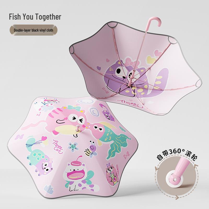 Children's Rounded Corner Umbrella: Long Handle, Automatic, Double Layer, Black Glue—Perfect for Sun and Rain.