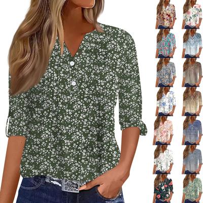Women's Fashion Casual Printed V-Neck Long Sleeve Button Down T-Shirt Top