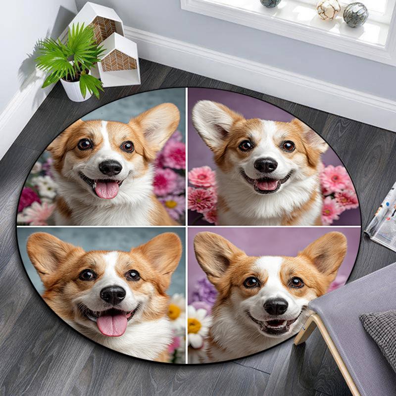 Corgi Dogs Round Area Rug,Carpet Rug for Living Room Bedroom Sofa Playroom Decor,Non-slip Floor Mat