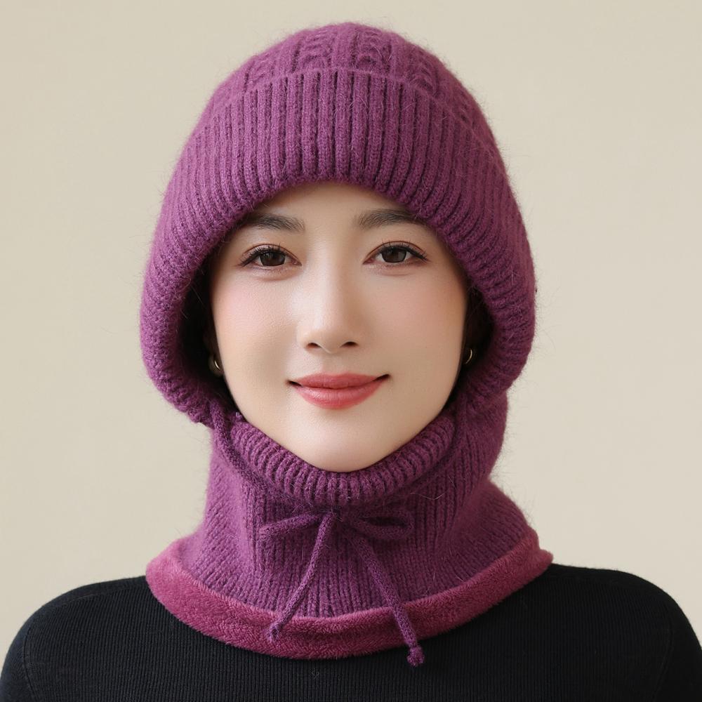 New Style Winter Women Keep Warm Knitted Hat Neck Protection Beanie Cap Fur Lined Warm Hats For Women Windproof Balaclava Cap