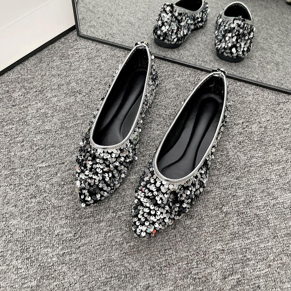 Fashion Shiny Sequins Women's Casual Flat Bottom Shoes Pointed Toe Slip-On Large Size36 43 Summer Loafers Soft Sole Women Shoes Fashion