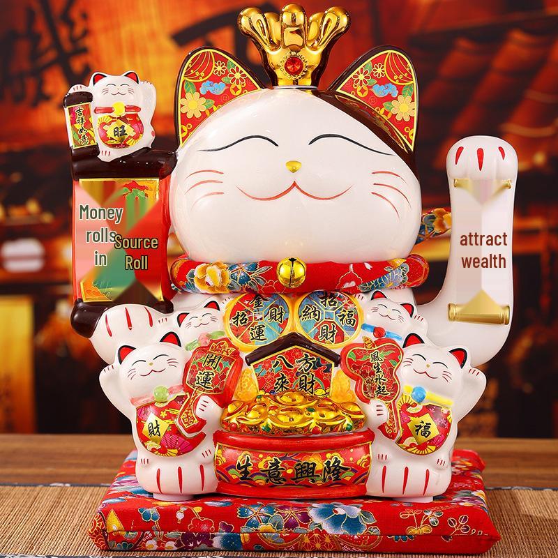 Automatic Waving Ceramic Lucky Cat Figurine - Perfect for Housewarming, Cash Register, or Living Room Decor