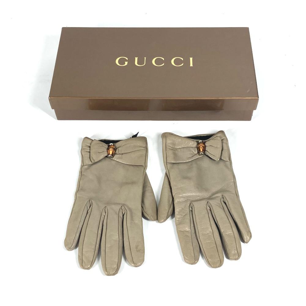 Gucci Ribbon Wood Bamboo Glove Gloves Leather Beige