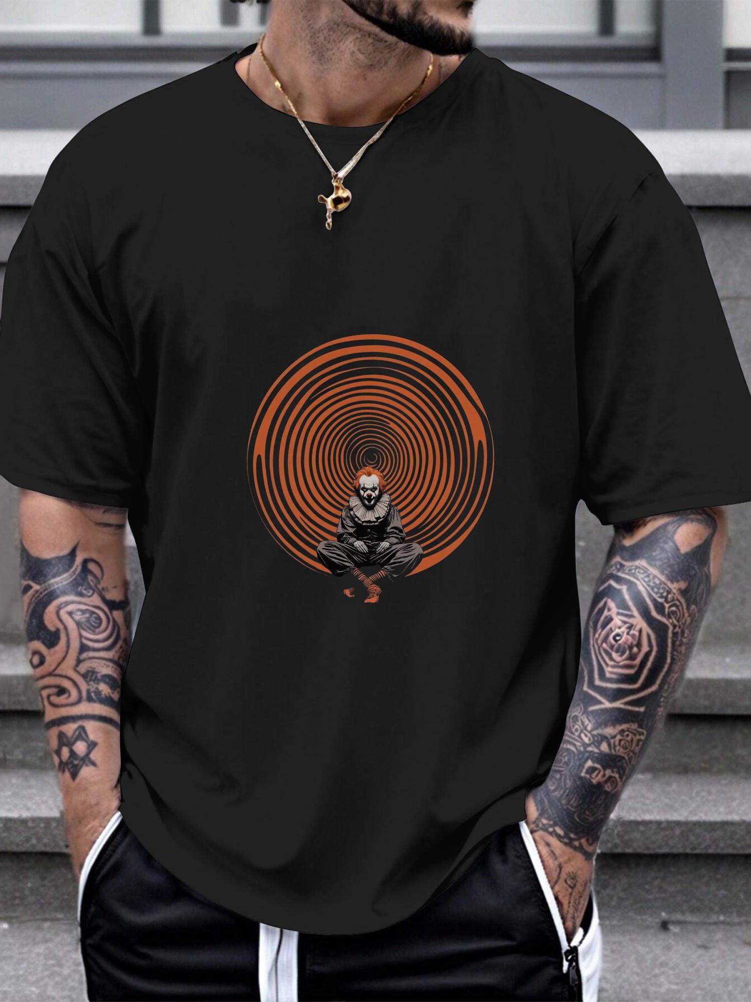 1pc Casual Oversized T-shirt - Black with Orange Clown Spiral Geometric Print S