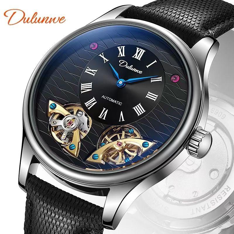 

Men Watches Double Flywheel Hollow Skeleton Automatic Man Watch Mechanical Fashion Leather Strap Wristwatch чорний