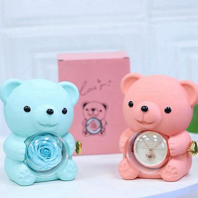 Rotating Bear Rose Jewelry Box Valentine's Day Eternal Flower Gift Box (with Double Heart Necklace)