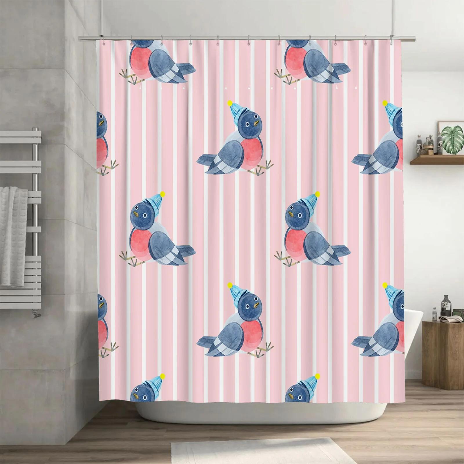 

Watercolor Blue Bird Party Hat Shower Curtain Pink Striped Bath Decor For Kids Bedroom 3D Printed Fabric Waterproof Bathroom Lin W60H190(CM)-1 Pcs