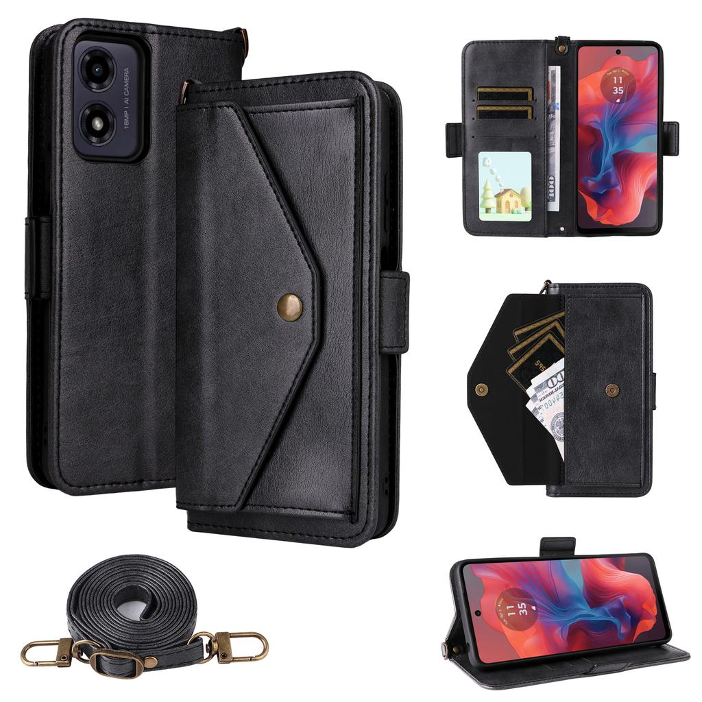 Leather Case For Motorola Moto G04s 4G/G04 4G/G24 4G/E14 4G Magnetic Closure Wallet Stand Phone Cover with Crossbody Strap