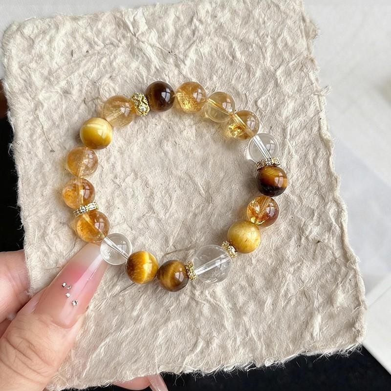 Natural Yellow Quartz Crystal Bracelet Women Men Handmade Geometric Beaded Jewelry Gift Career Wealth 8mm
