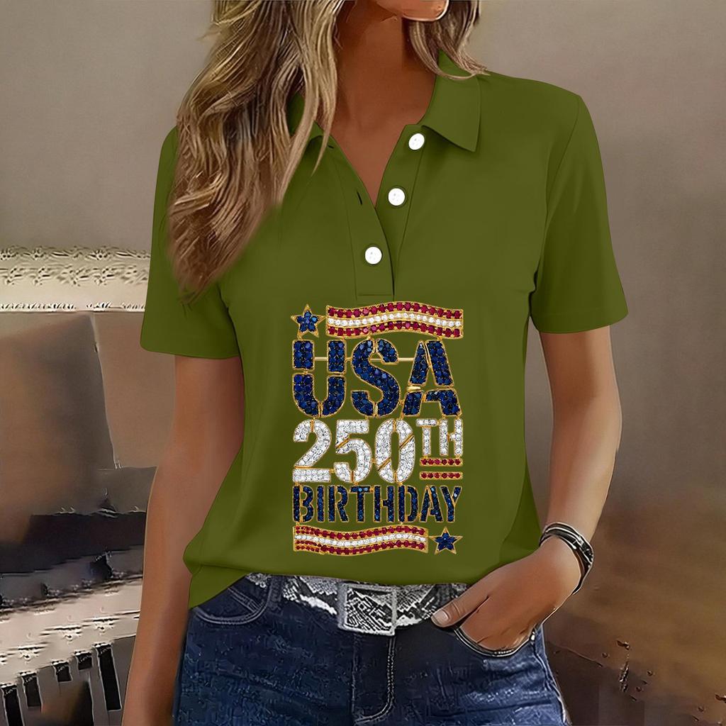 Women's Casual Short Sleeve Button Polo Shirt USA 250th Anniversary Print Relaxed Fit Lightweight Summer Top