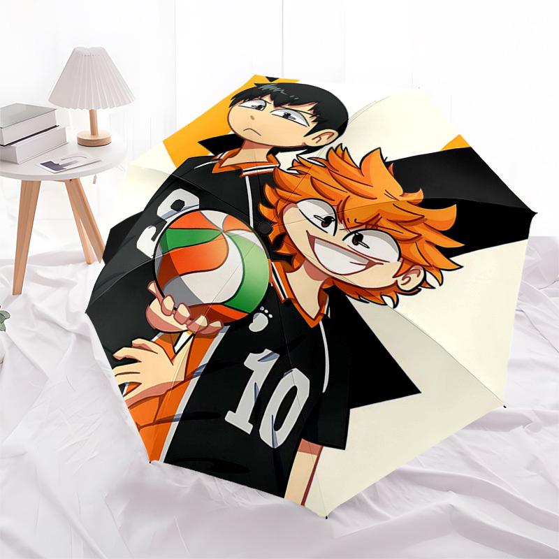 1pc Haikyuu! Kuroo Tetsurou & Hinata Shoyo Volleyball Ball Automatic Folding Umbrella Portable 3-Fold Design, 8-Bone Iron Frame Outdoor Umbrella, Perf