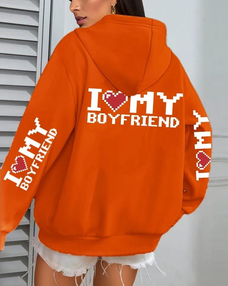 I Love My Boyfriend Printed, Women'S Hoodie Fall Loose Casual Pocket Fleece Pullover